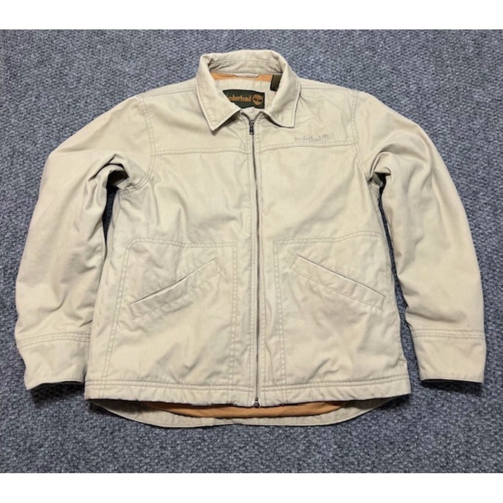 VTG Y2K Timberland Beige Zip Point Collar Jacket Button Lined Mid-Length Men's M